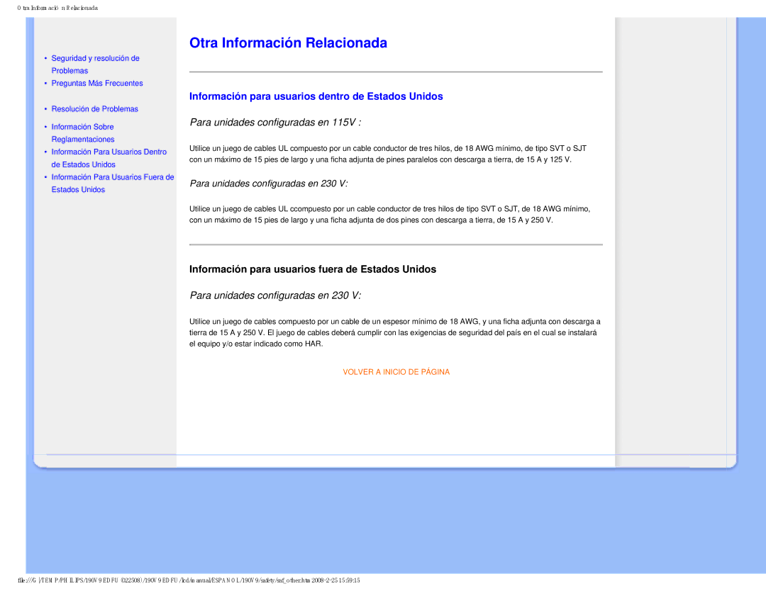 Philips 190V9 user manual Otra Información Relacionada, Información para usuarios dentro de Estados Unidos 