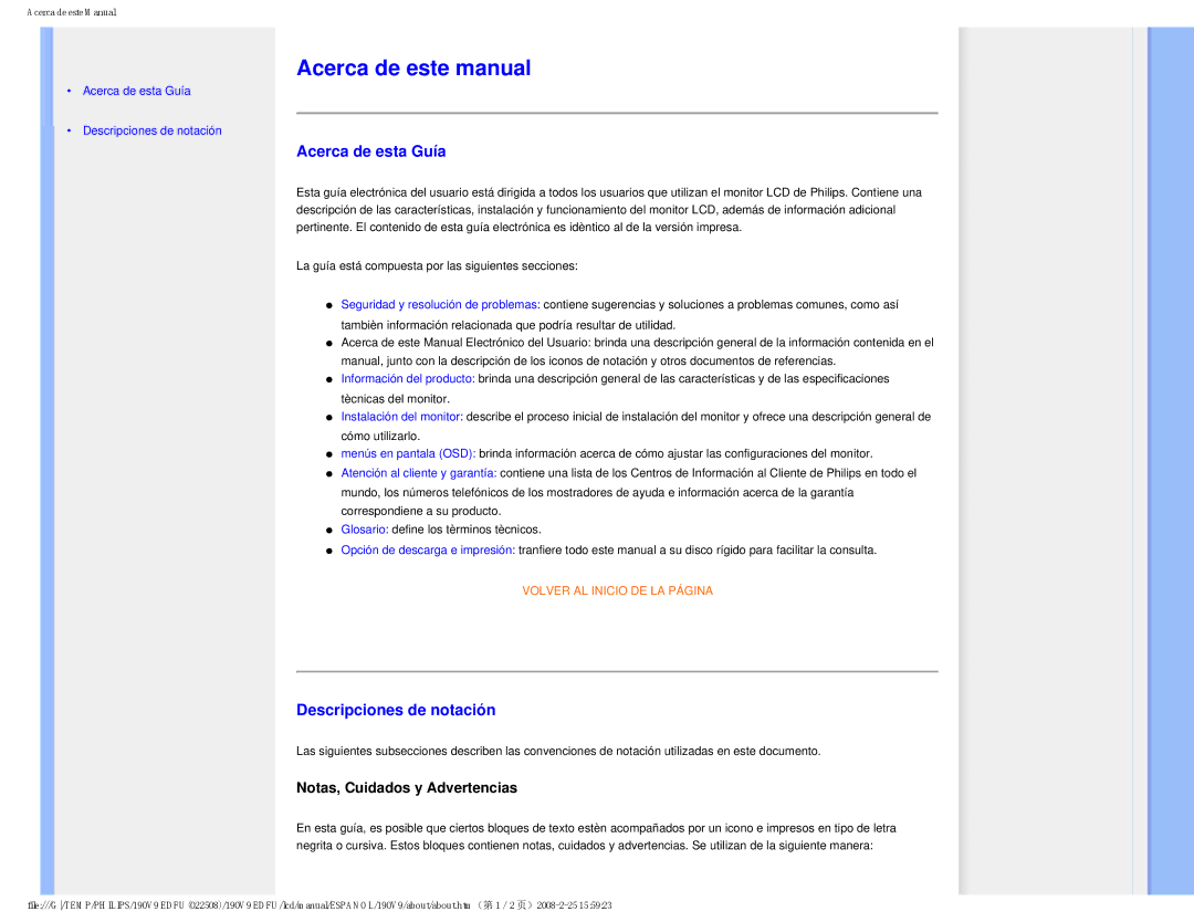 Philips 190V9 Acerca de este manual, Acerca de esta Guía, Descripciones de notación, Notas, Cuidados y Advertencias 
