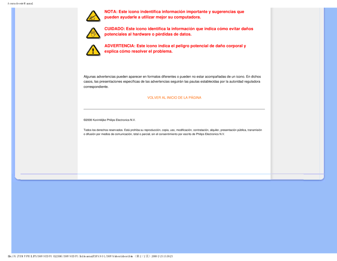 Philips 190V9 user manual Volver AL Inicio DE LA Página 
