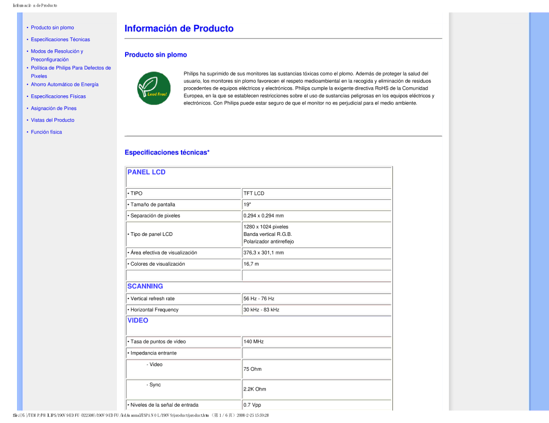 Philips 190V9 user manual Producto sin plomo, Especificaciones técnicas 