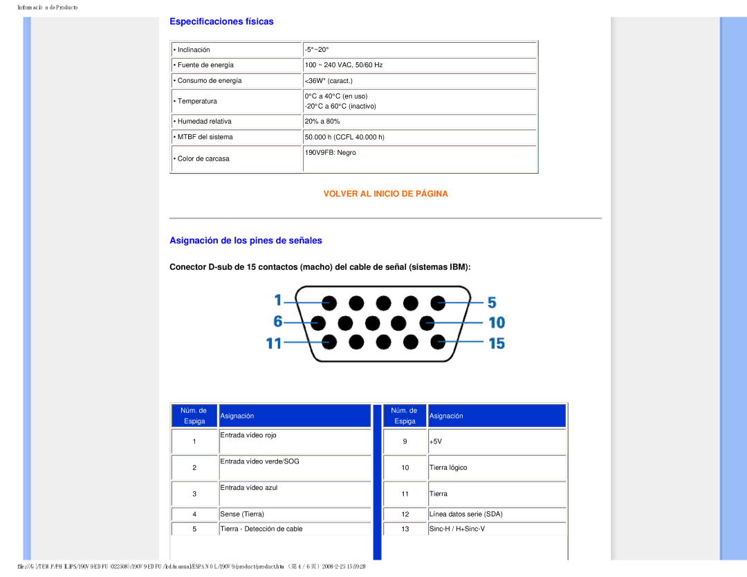 Philips 190V9 user manual Especificaciones físicas, Asignación de los pines de señales 