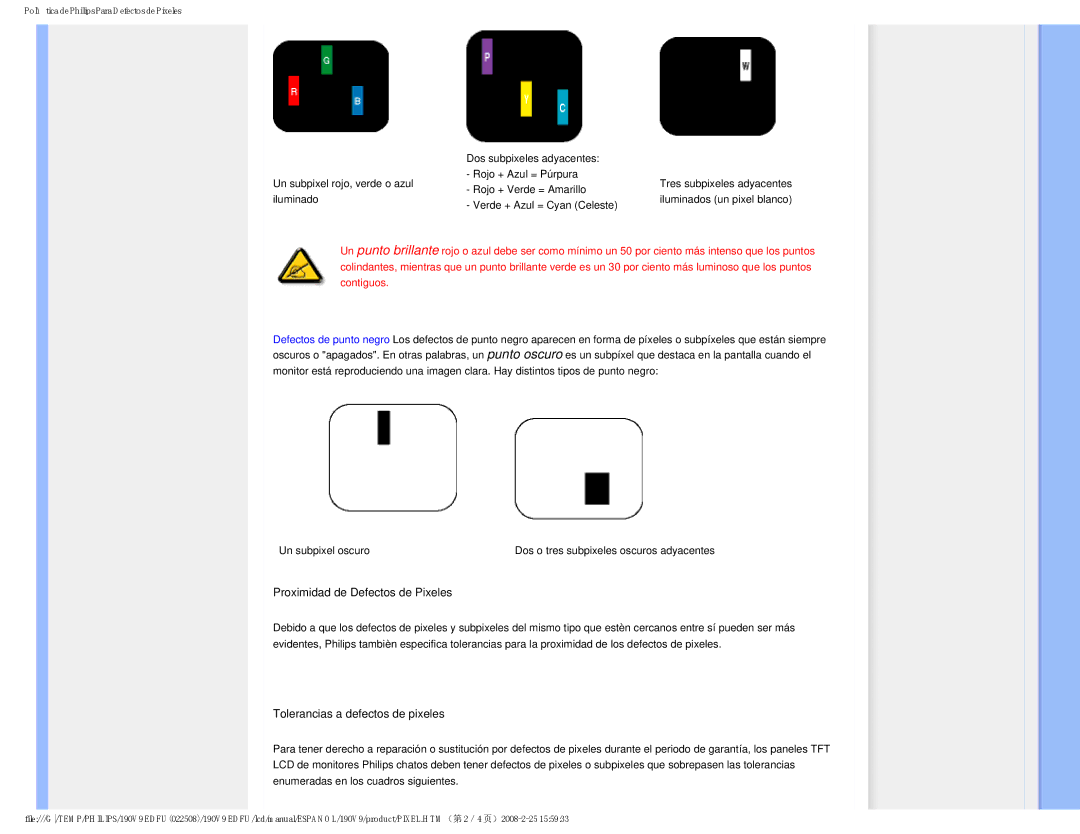 Philips 190V9 user manual Proximidad de Defectos de Pixeles 