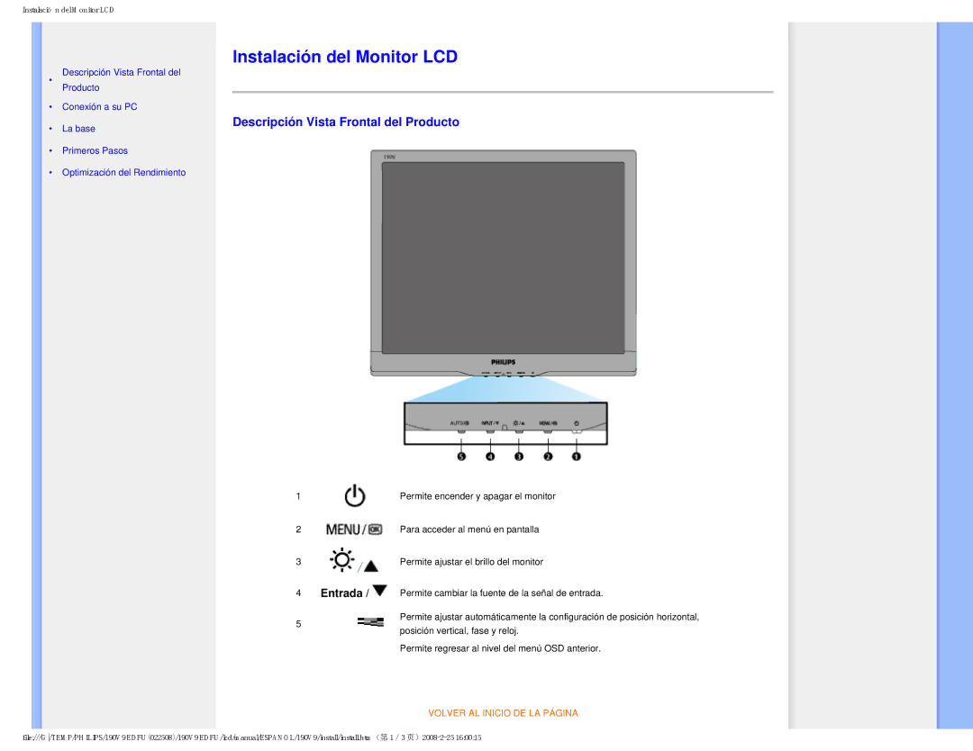 Philips 190V9 user manual Instalación del Monitor LCD, Descripción Vista Frontal del Producto 