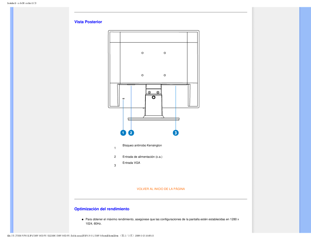 Philips 190V9 user manual Vista Posterior, Optimización del rendimiento 