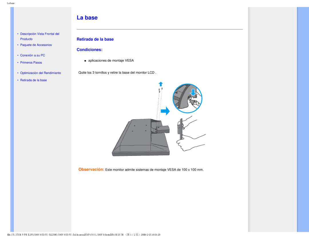 Philips 190V9 user manual La base, Retirada de la base Condiciones 