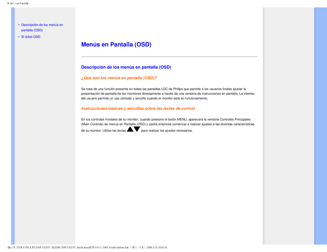 Philips 190V9 user manual Menús en Pantalla OSD, Descripción de los menús en pantalla OSD 