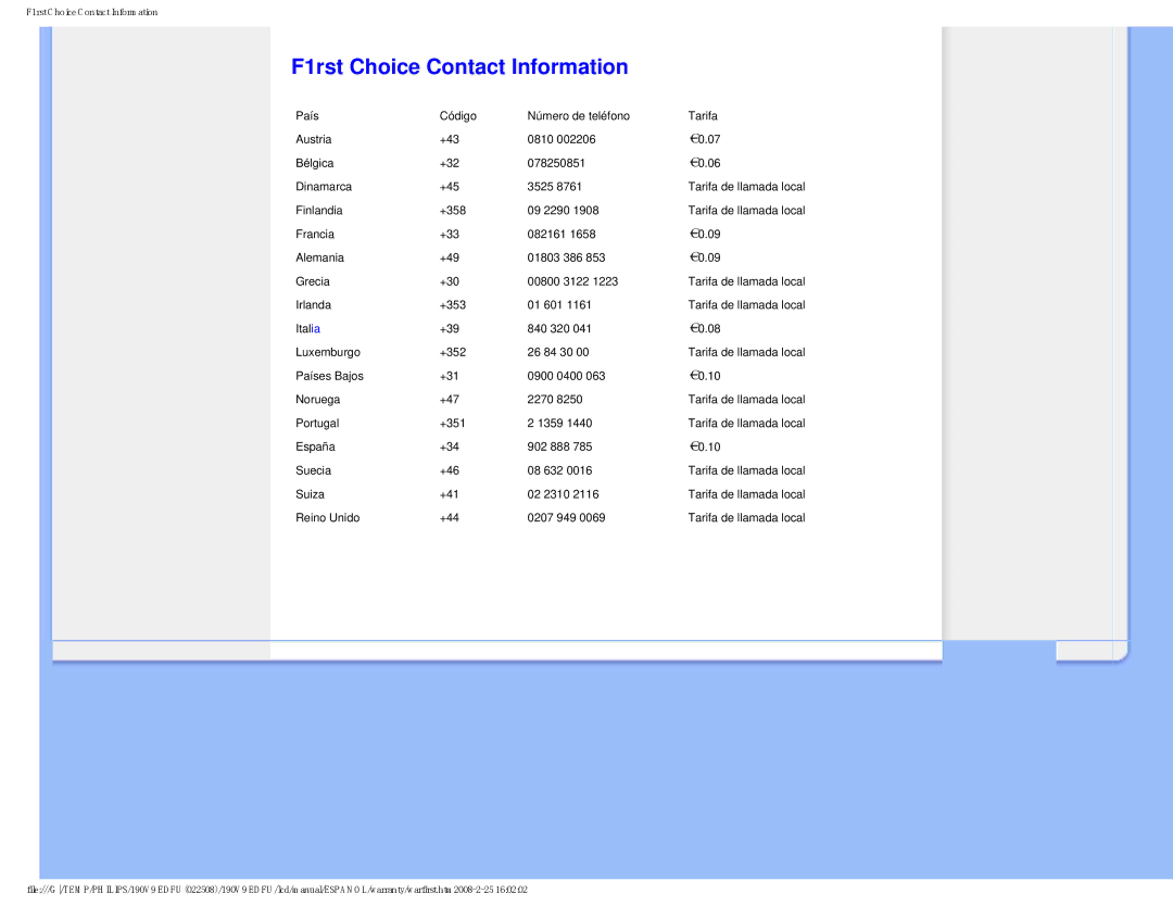 Philips 190V9 user manual F1rst Choice Contact Information 