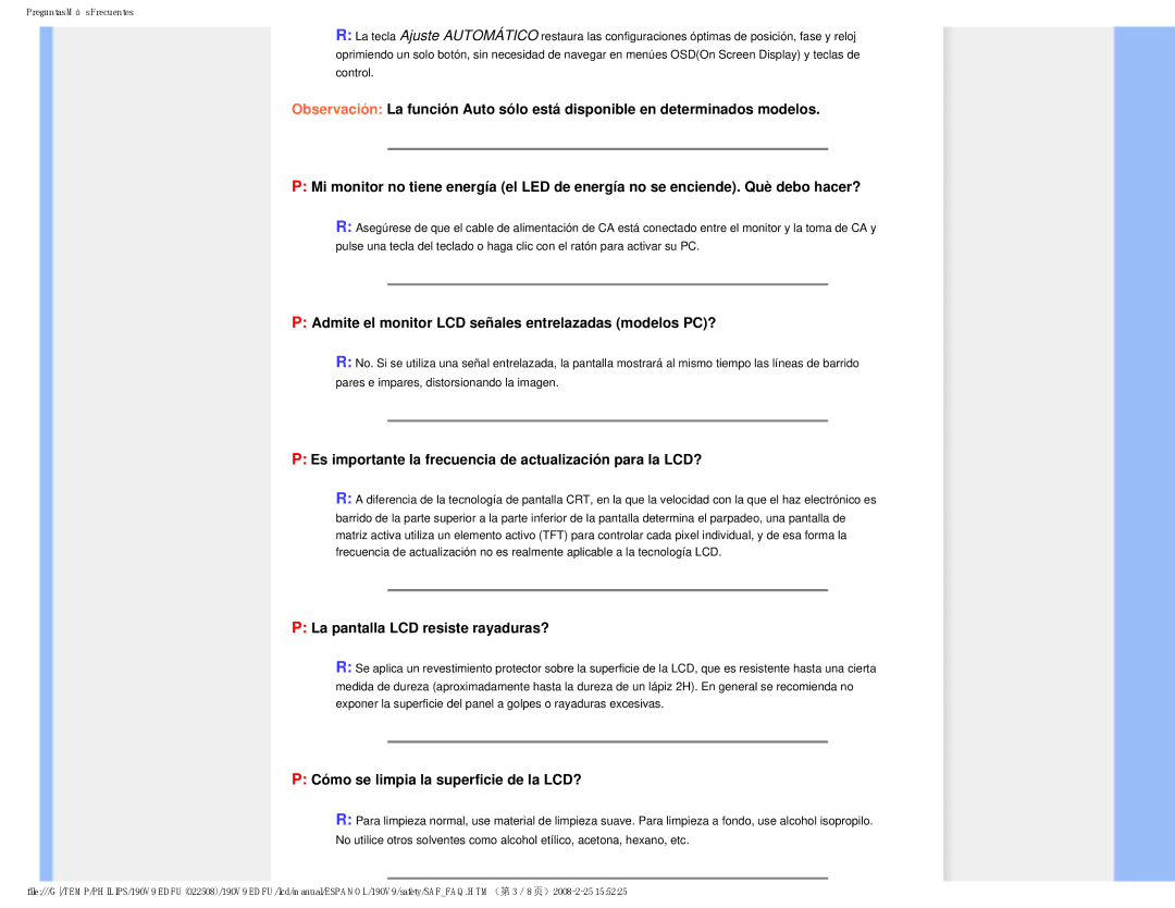 Philips 190V9 user manual Admite el monitor LCD señales entrelazadas modelos PC?, La pantalla LCD resiste rayaduras? 
