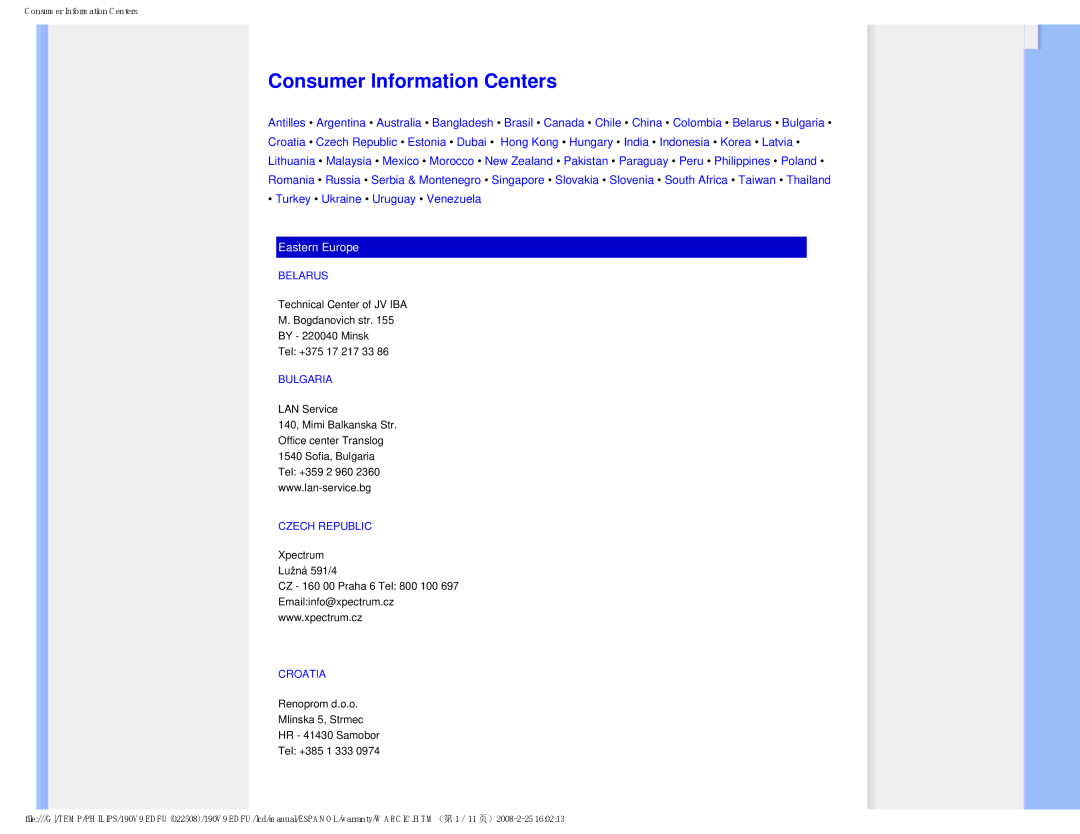 Philips 190V9 user manual Consumer Information Centers, Belarus, Bulgaria, Czech Republic, Croatia 