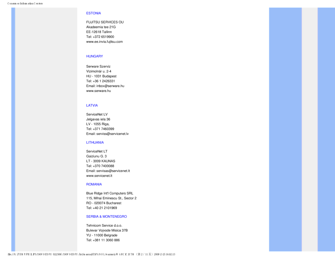 Philips 190V9 user manual Estonia, Hungary, Latvia, Lithuania, Romania, Serbia & Montenegro 