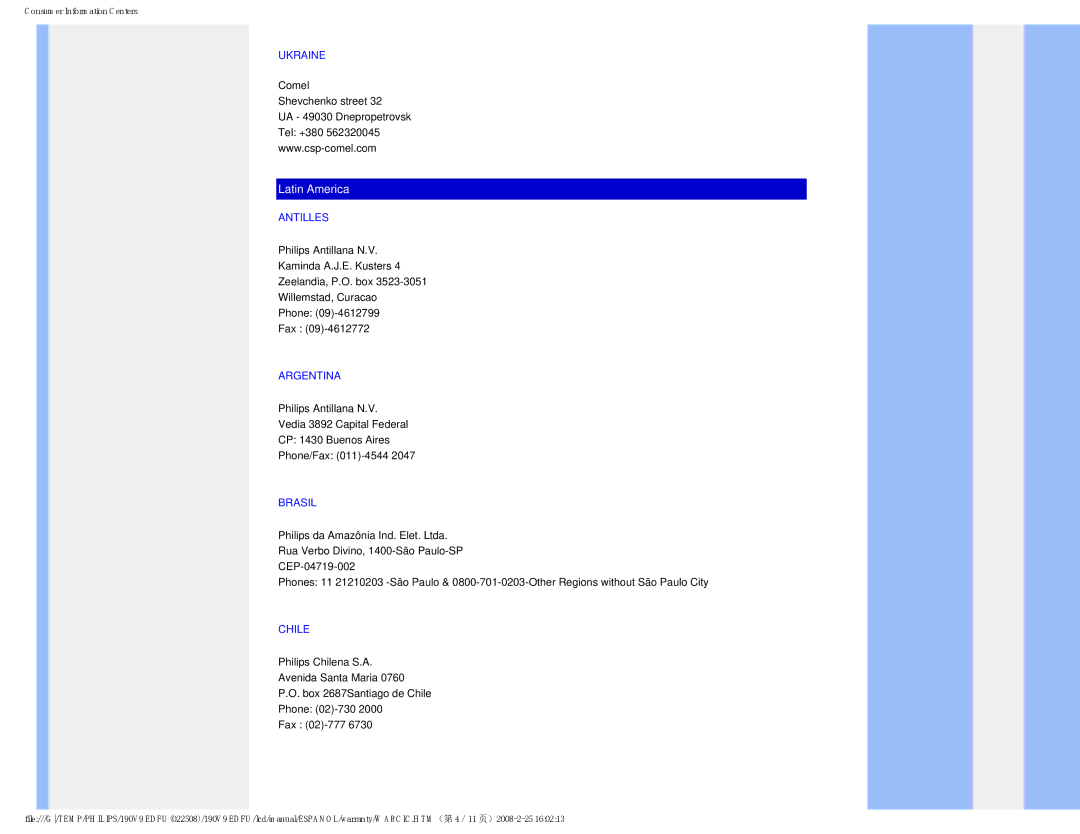 Philips 190V9 user manual Ukraine, Antilles, Argentina, Brasil, Chile 