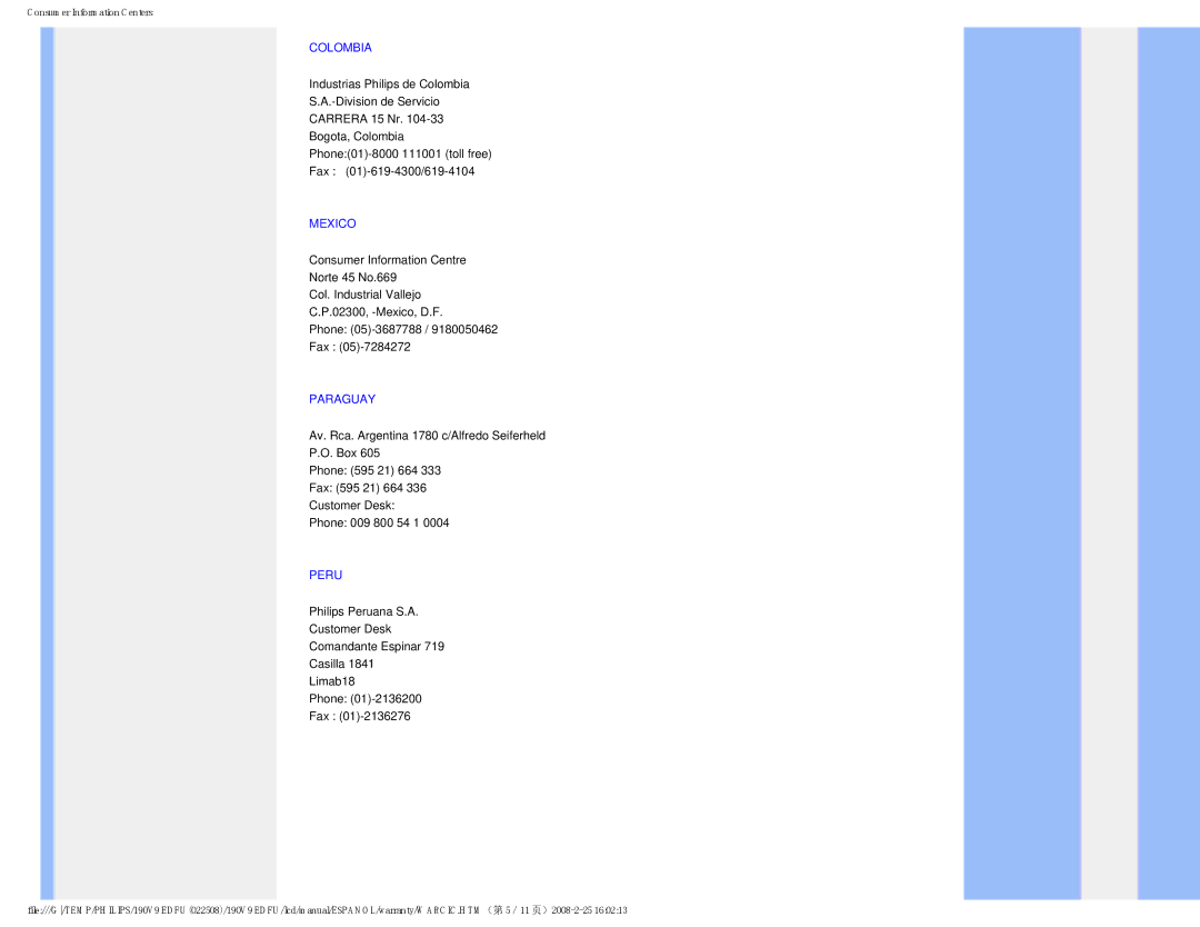 Philips 190V9 user manual Colombia, Mexico, Paraguay, Peru 