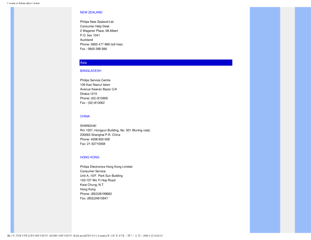 Philips 190V9 user manual NEW Zealand, Bangladesh, China, Hong Kong 