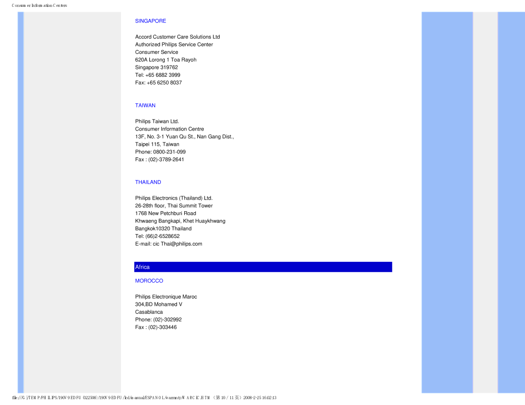 Philips 190V9 user manual Singapore, Taiwan, Thailand, Morocco 