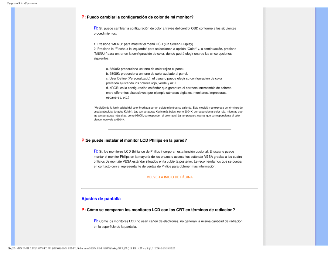 Philips 190V9 user manual Ajustes de pantalla, Puedo cambiar la configuración de color de mi monitor? 