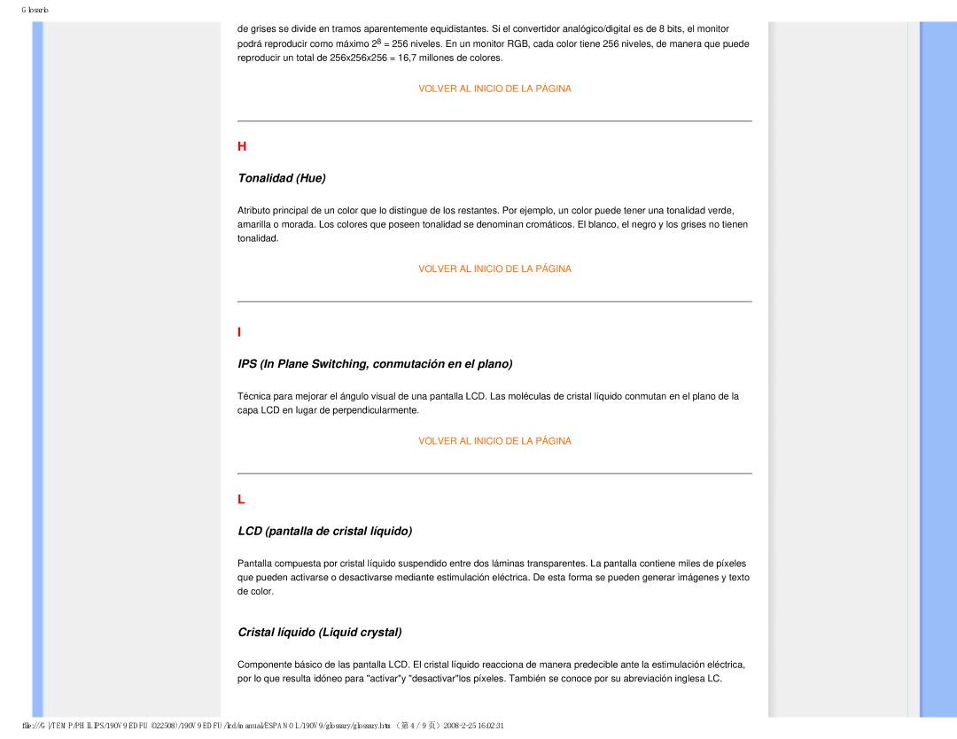 Philips 190V9 user manual Tonalidad Hue 