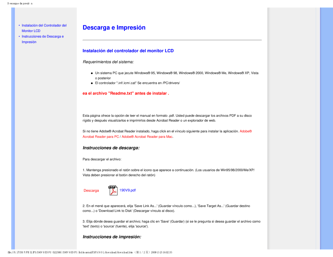 Philips 190V9 user manual Descarga e Impresión, Instalación del controlador del monitor LCD 