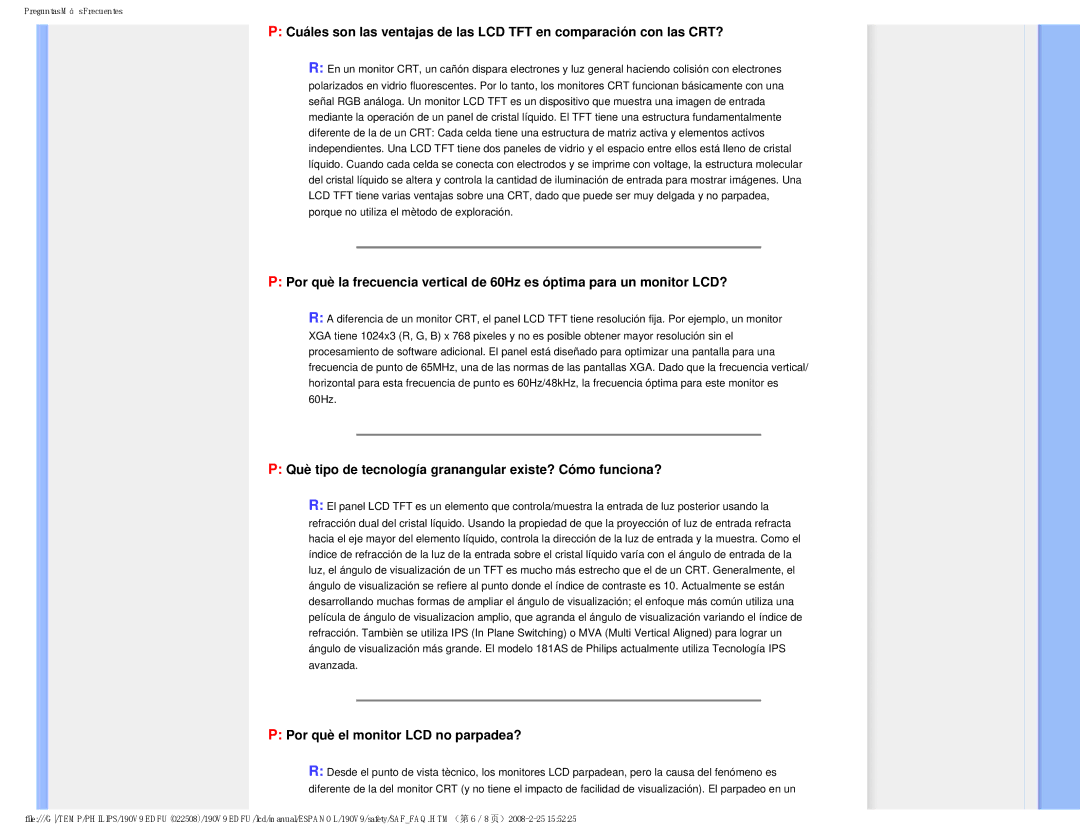 Philips 190V9 user manual Què tipo de tecnología granangular existe? Cómo funciona?, Por què el monitor LCD no parpadea? 