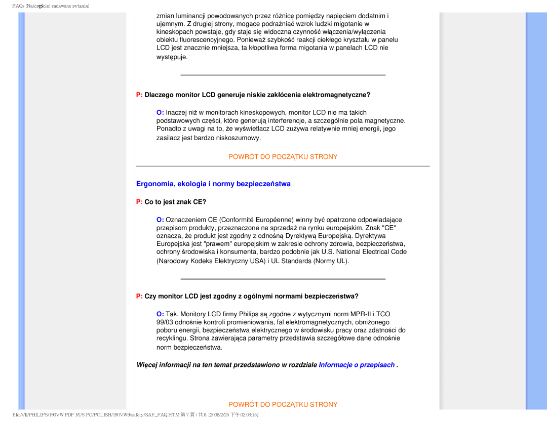 Philips 190VW user manual Ergonomia, ekologia i normy bezpieczeństwa, Co to jest znak CE? 