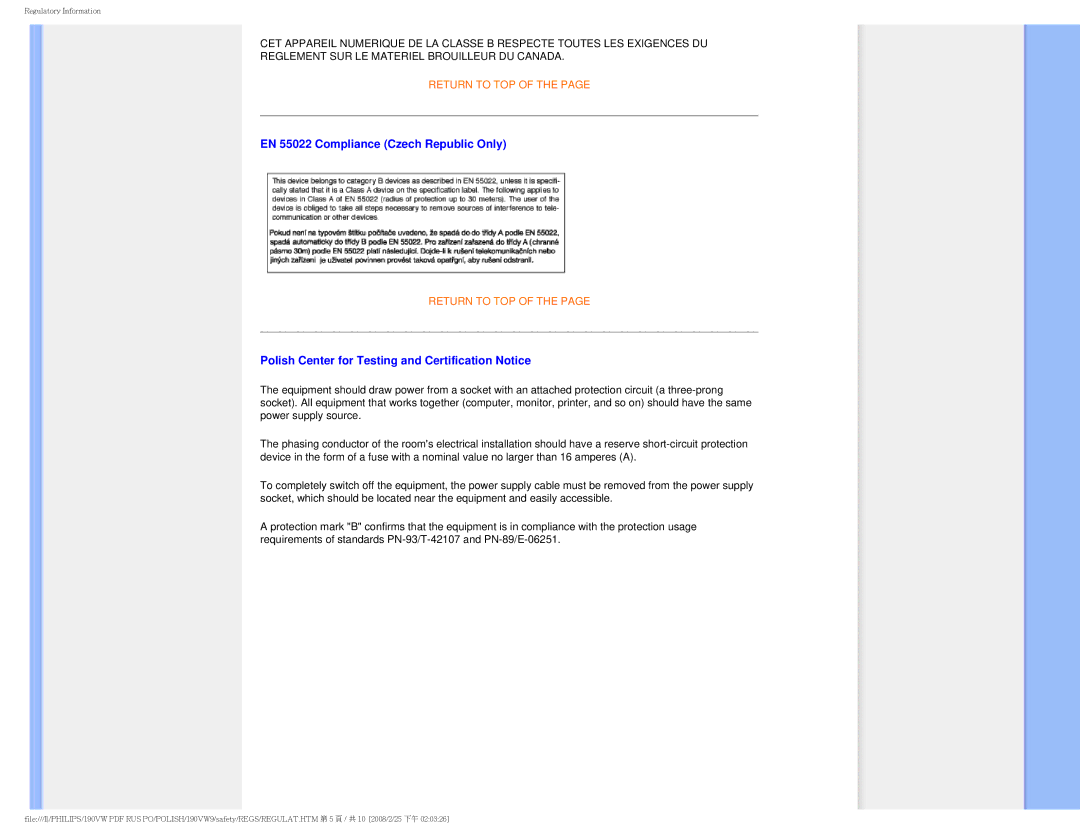 Philips 190VW user manual EN 55022 Compliance Czech Republic Only, Polish Center for Testing and Certification Notice 