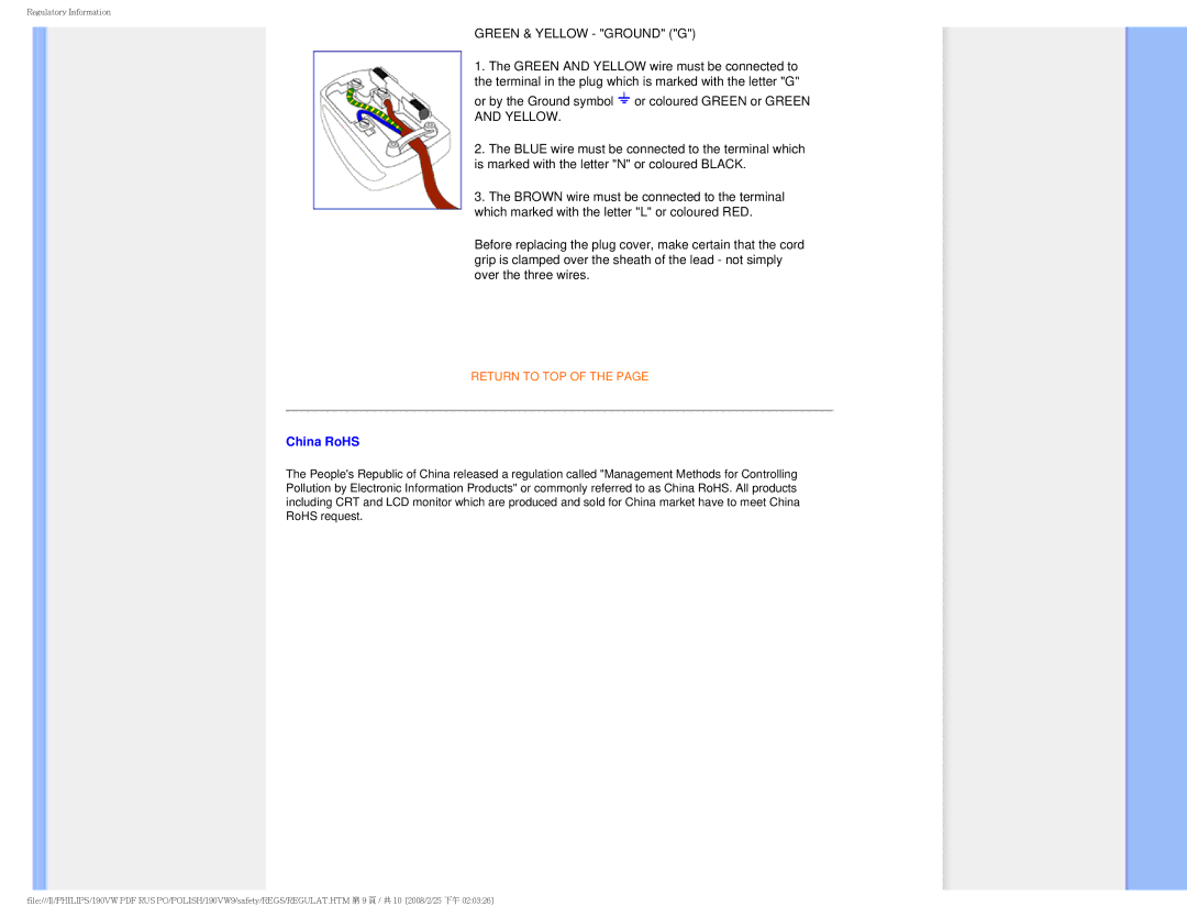 Philips 190VW user manual Green & Yellow Ground G, China RoHS 