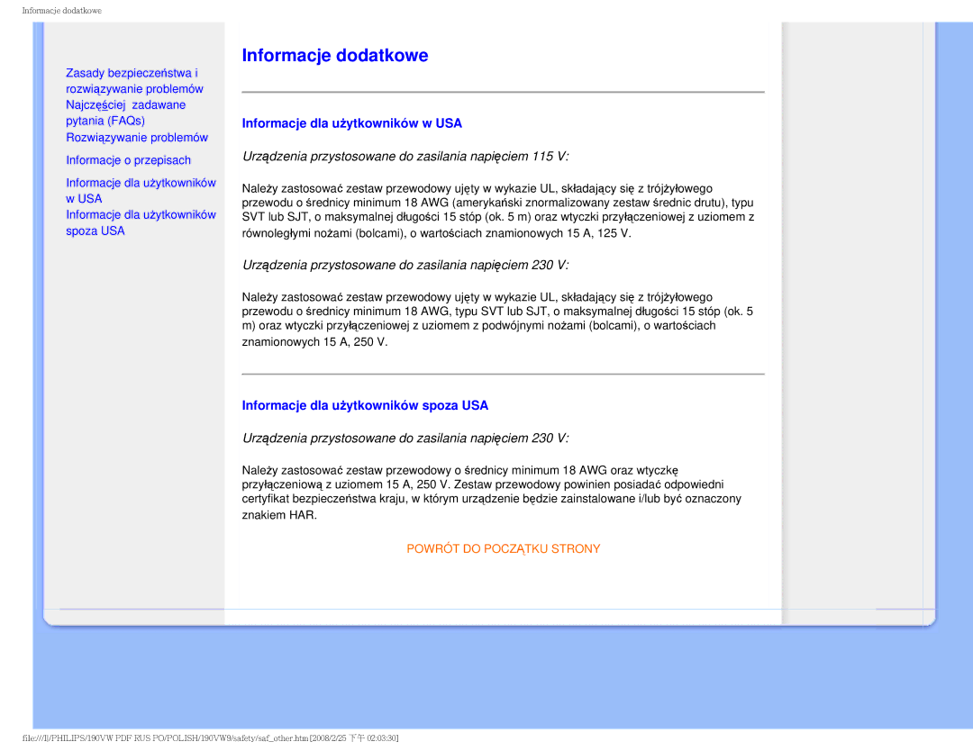 Philips 190VW user manual Informacje dodatkowe, Informacje dla użytkowników w USA, Informacje dla użytkowników spoza USA 