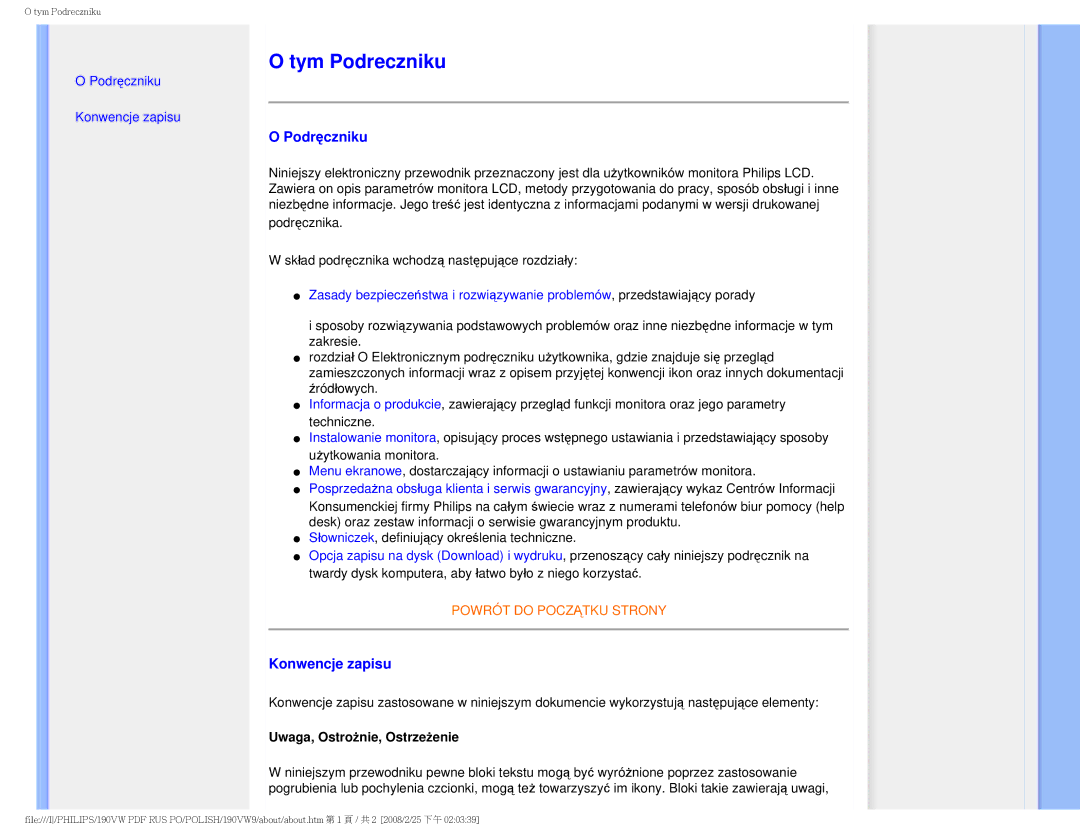 Philips 190VW user manual Tym Podreczniku, Podręczniku, Konwencje zapisu, Uwaga, Ostrożnie, Ostrzeżenie 