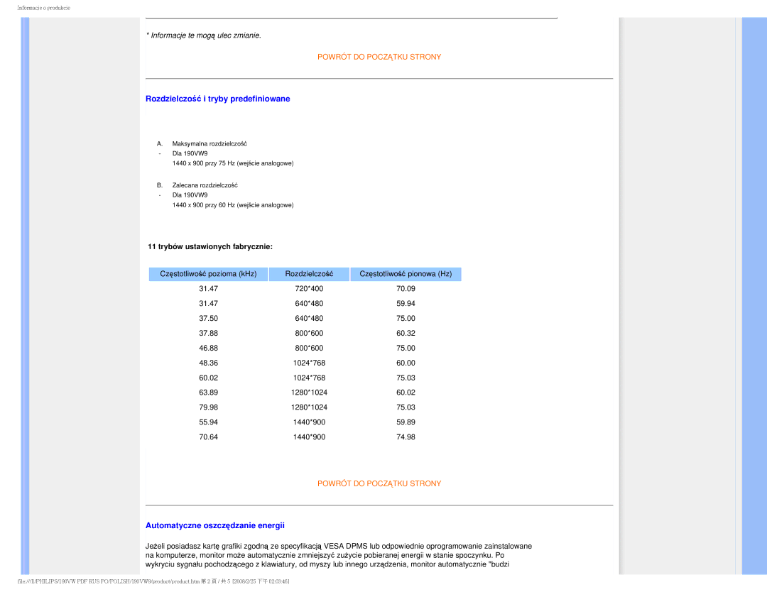 Philips 190VW user manual Rozdzielczość i tryby predefiniowane, Automatyczne oszczędzanie energii 