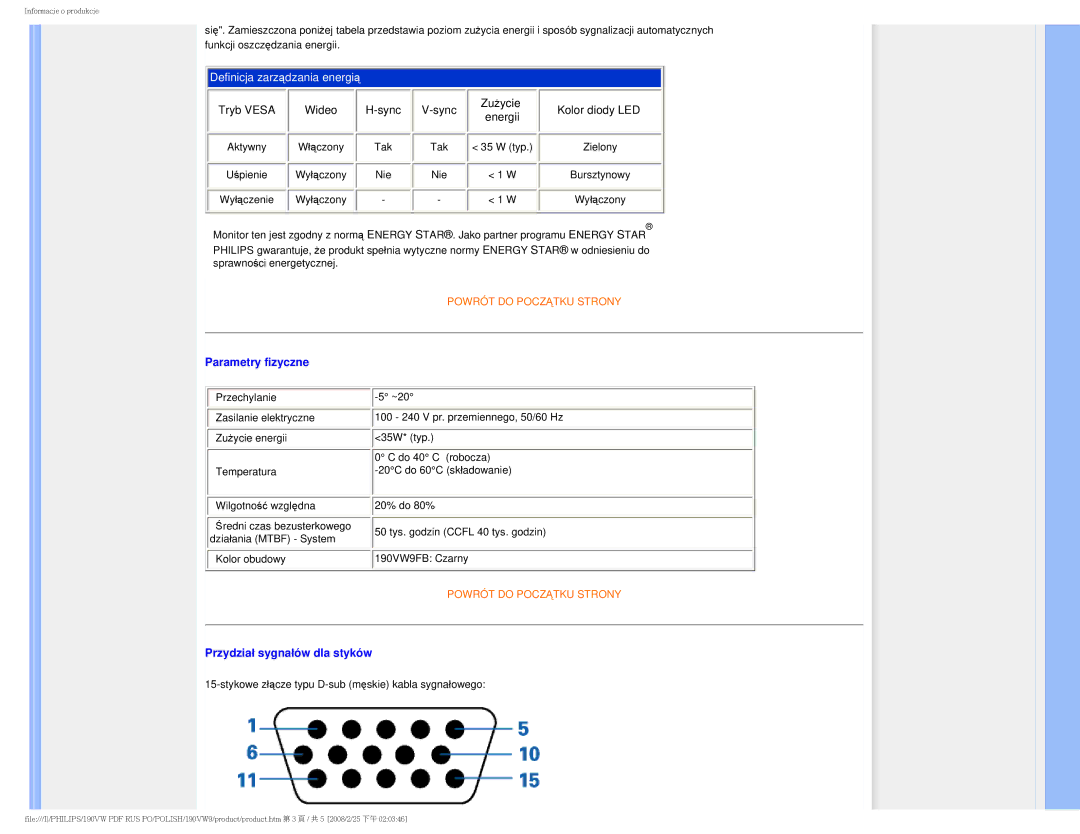 Philips 190VW user manual Parametry fizyczne, Przydział sygnałów dla styków 