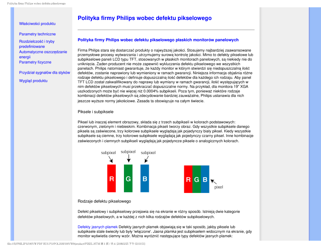 Philips 190VW user manual Polityka firmy Philips wobec defektu pikselowego, Piksele i subpiksele 