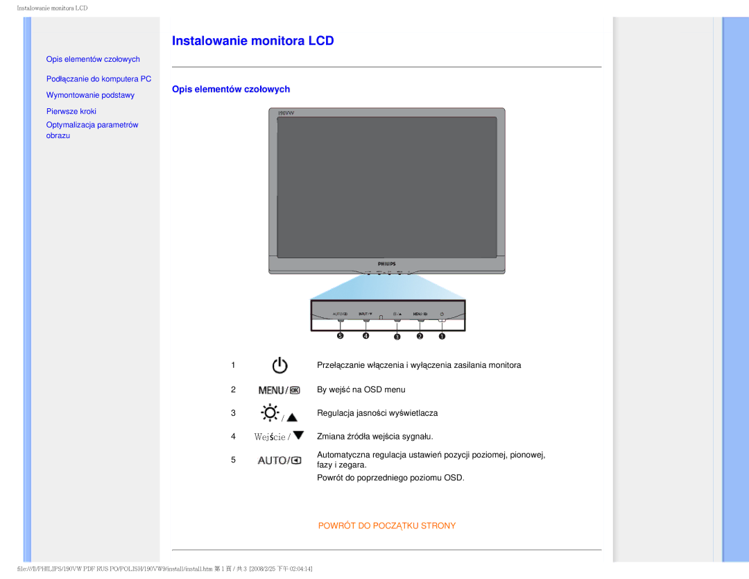 Philips 190VW user manual Instalowanie monitora LCD 