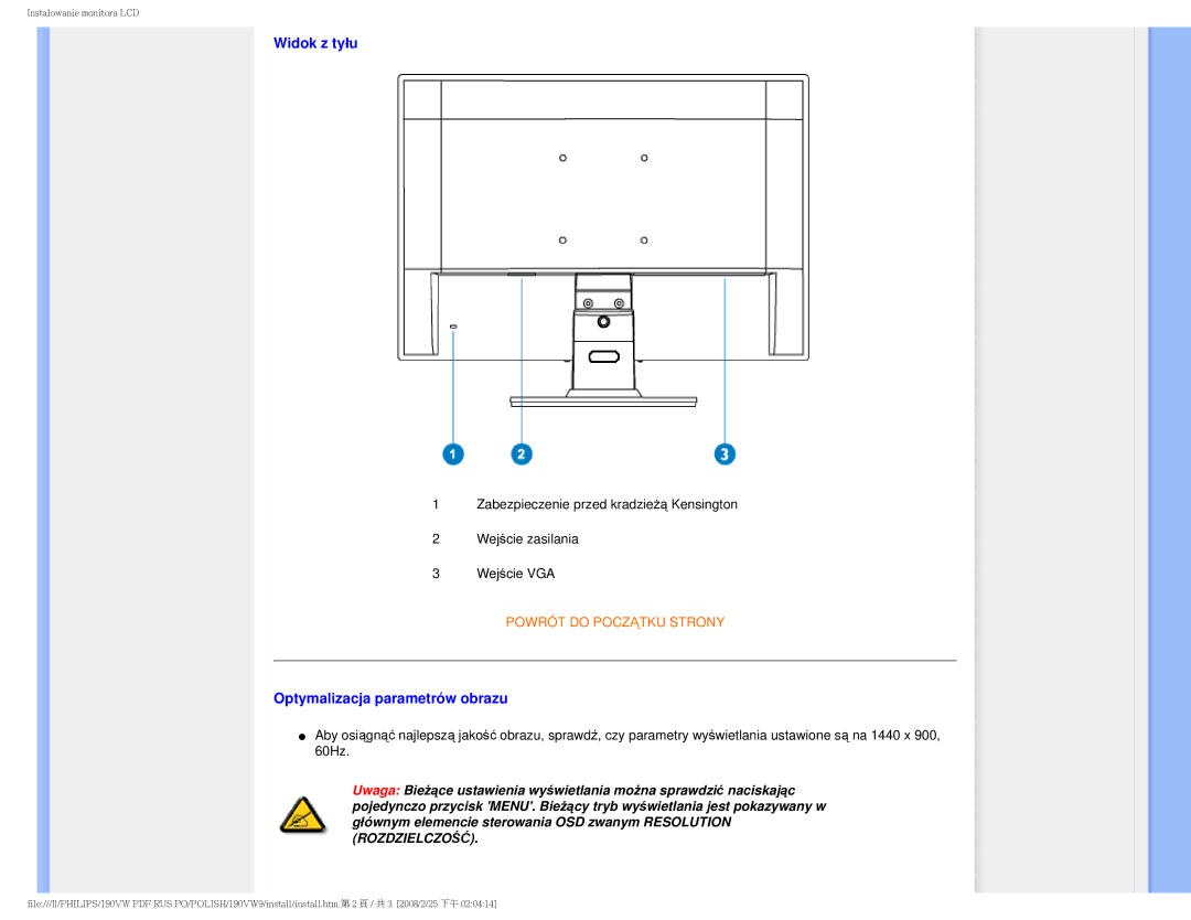 Philips 190VW user manual Widok z tyłu 