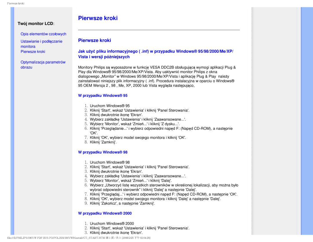 Philips 190VW user manual Pierwsze kroki, Twój monitor LCD 