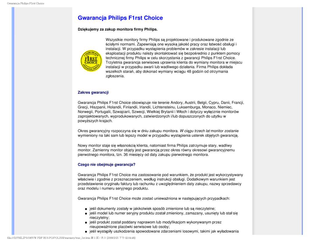 Philips 190VW user manual Gwarancja Philips F1rst Choice, Dziękujemy za zakup monitora firmy Philips 