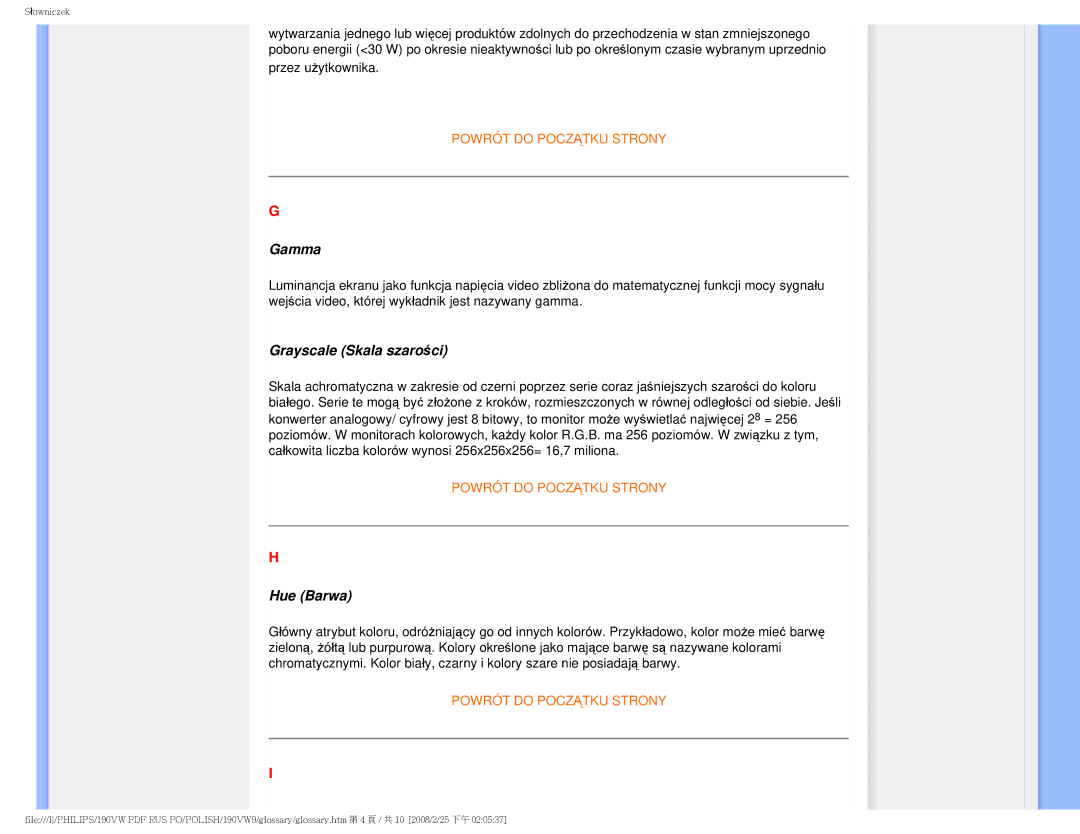 Philips 190VW user manual Gamma, Grayscale Skala szarości, Hue Barwa 