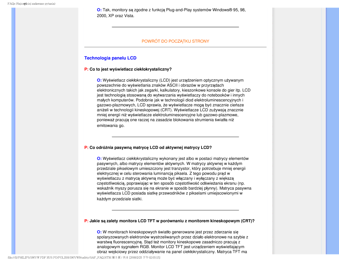 Philips 190VW user manual Technologia panelu LCD, Co to jest wyświetlacz ciekłokrystaliczny? 