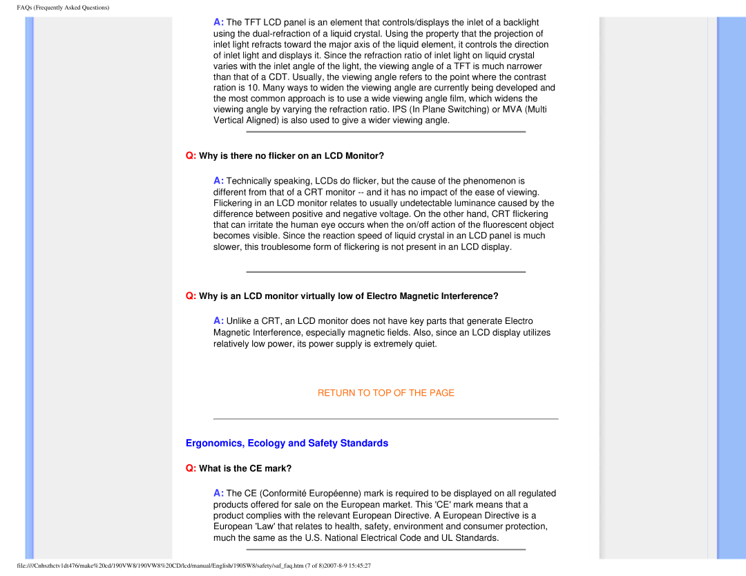 Philips 190VW8 Ergonomics, Ecology and Safety Standards, Why is there no flicker on an LCD Monitor?, What is the CE mark? 