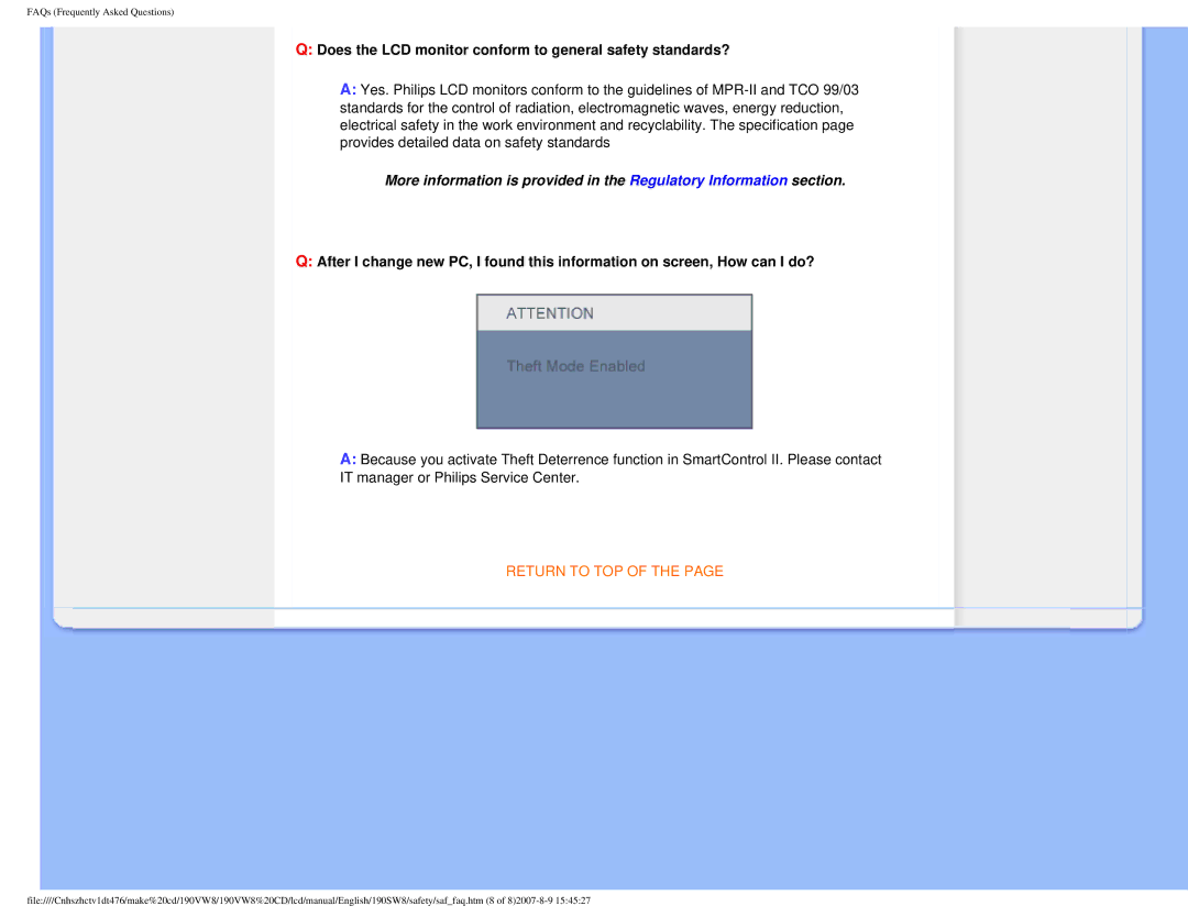 Philips 190VW8 user manual Does the LCD monitor conform to general safety standards? 