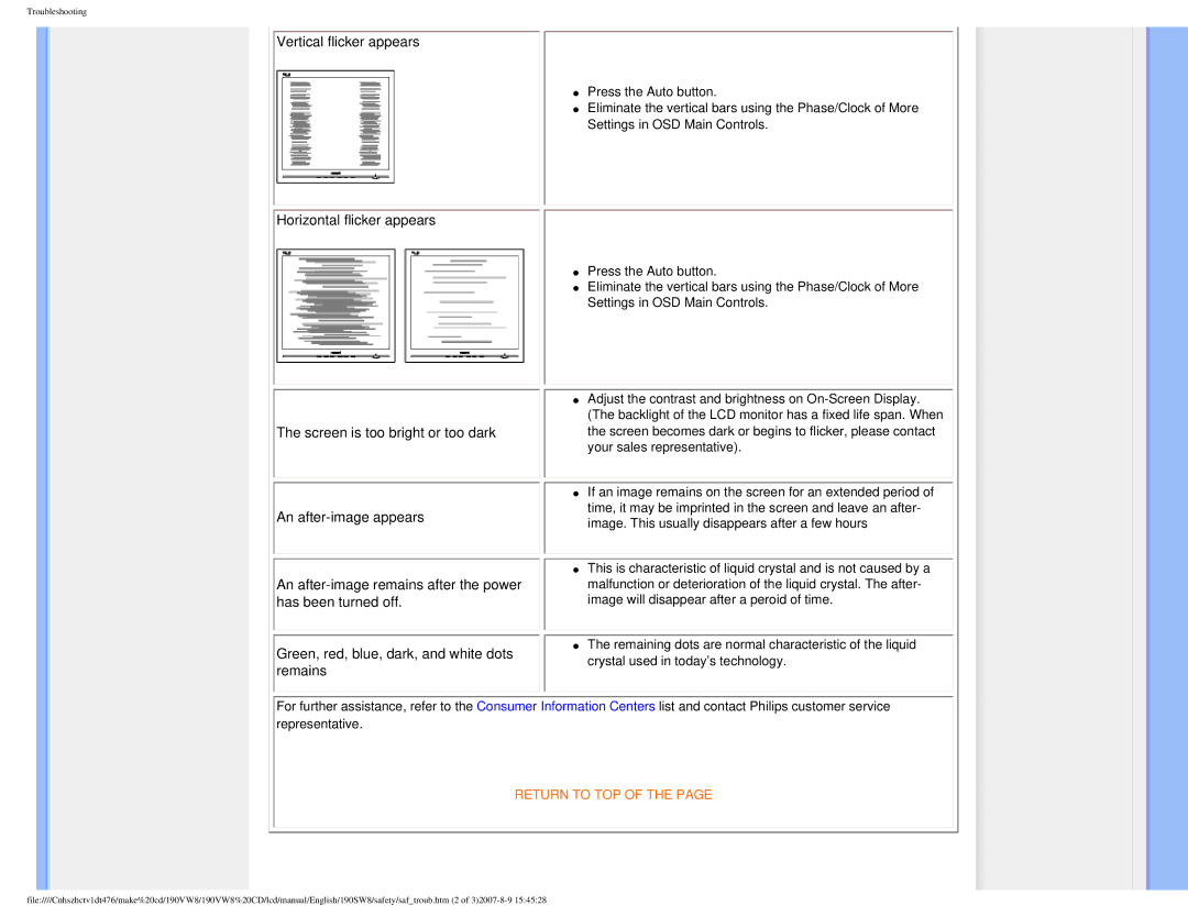 Philips 190VW8 user manual Vertical flicker appears 