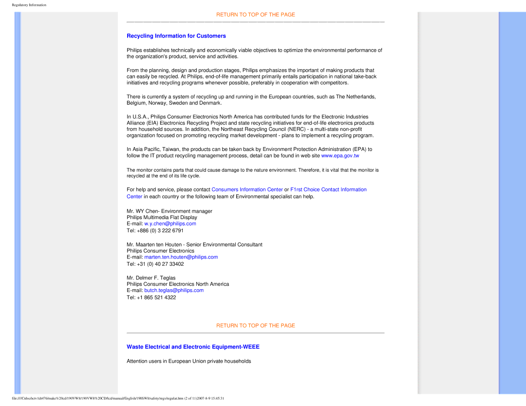 Philips 190VW8 user manual Recycling Information for Customers, Waste Electrical and Electronic Equipment-WEEE 