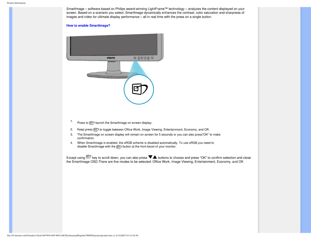 Philips 190VW8 user manual How to enable SmartImage? 