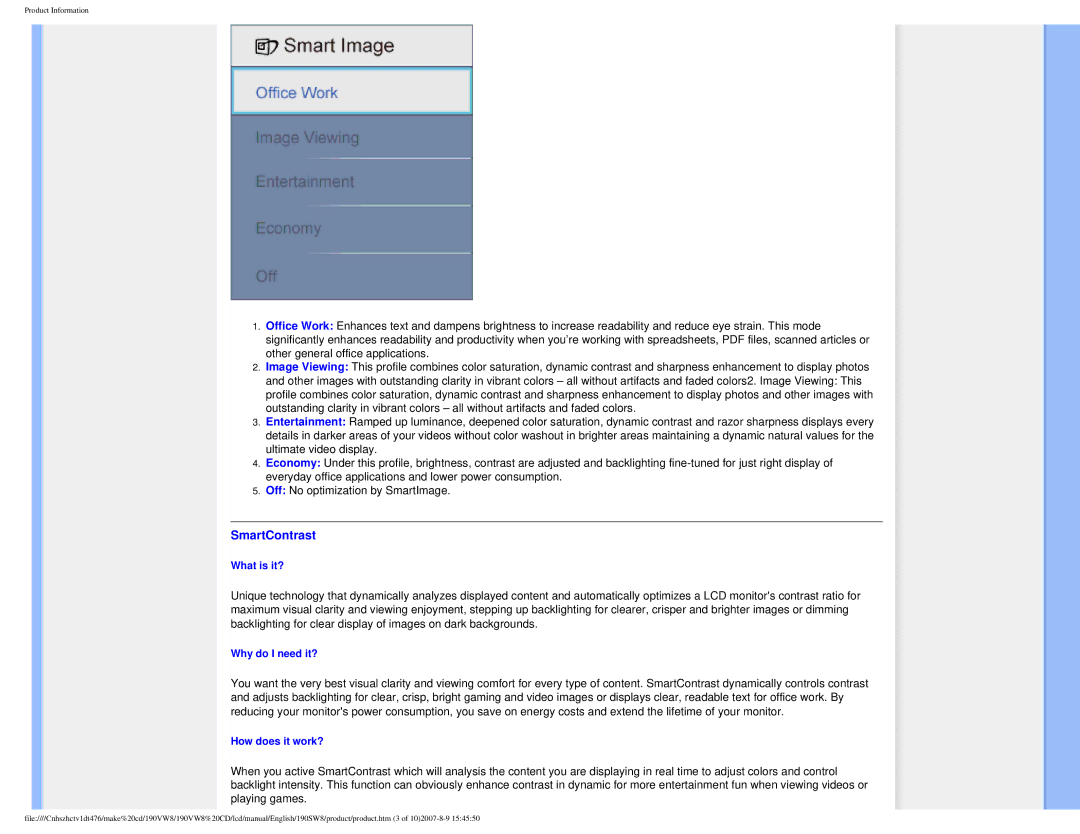 Philips 190VW8 user manual SmartContrast 