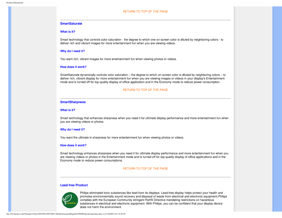 Philips 190VW8 user manual SmartSaturate, SmartSharpness, Lead-free Product 