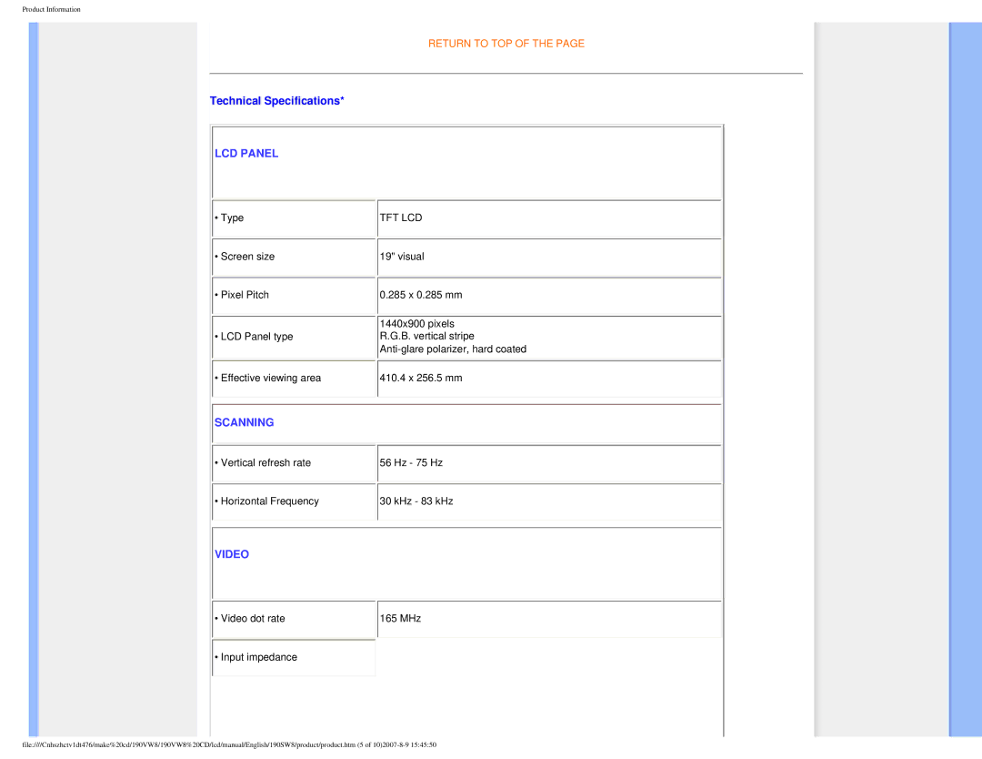 Philips 190VW8 user manual Technical Specifications, LCD Panel 