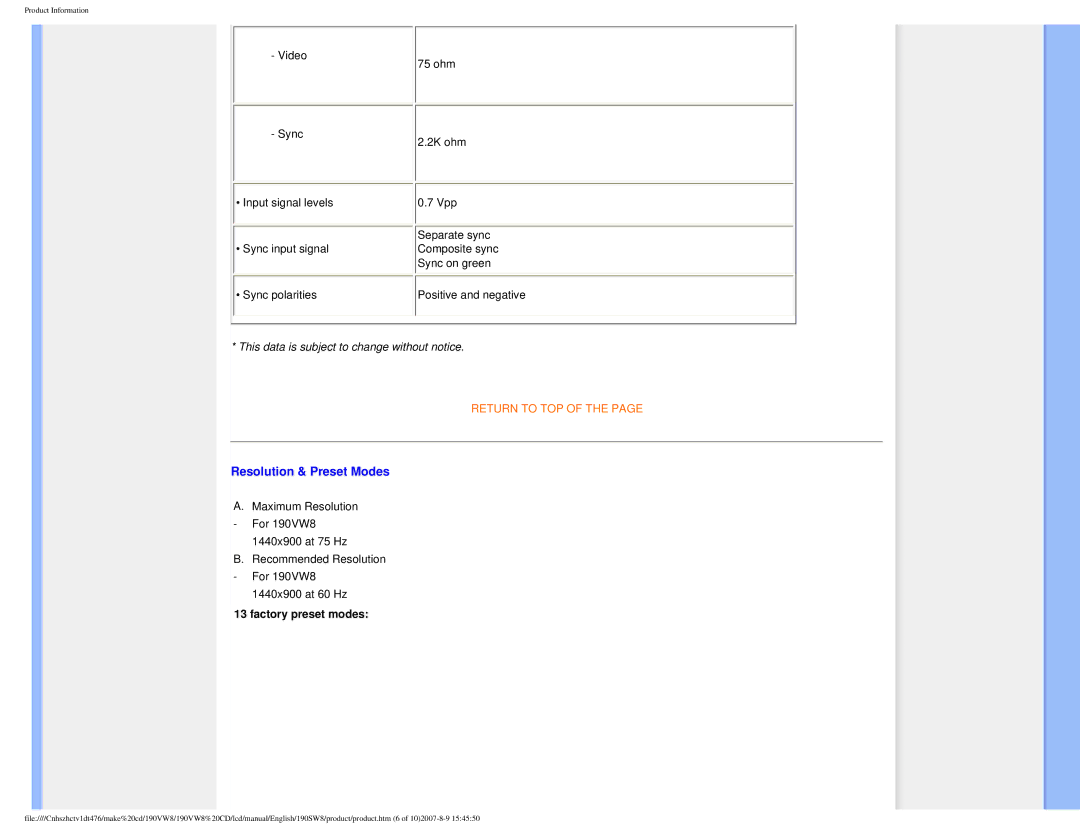 Philips 190VW8 user manual Resolution & Preset Modes, Factory preset modes 