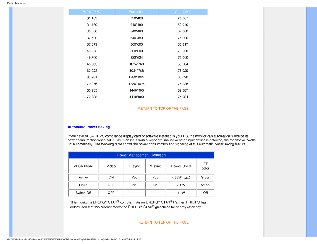 Philips 190VW8 user manual Automatic Power Saving, Freq kHz Resolution Freq Hz 
