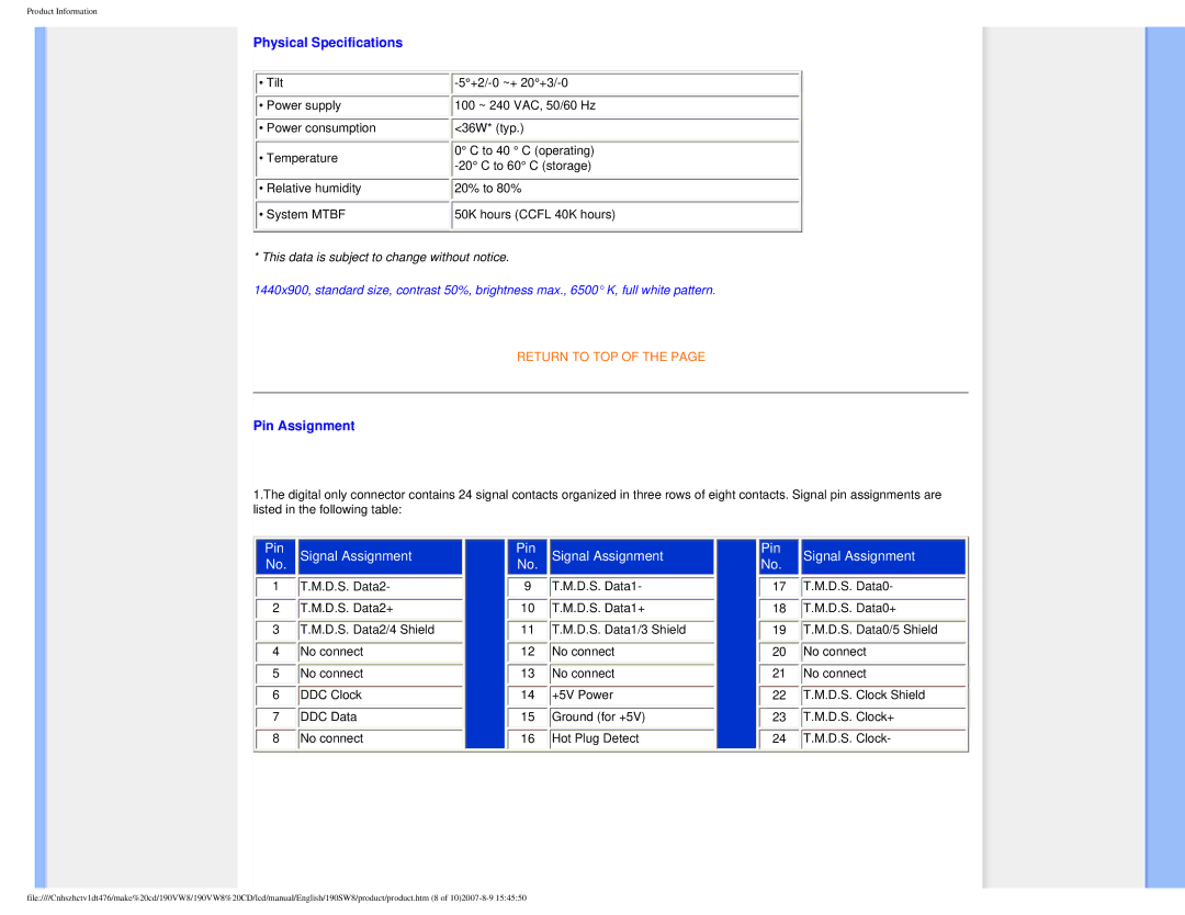 Philips 190VW8 user manual Physical Specifications, Pin Assignment 