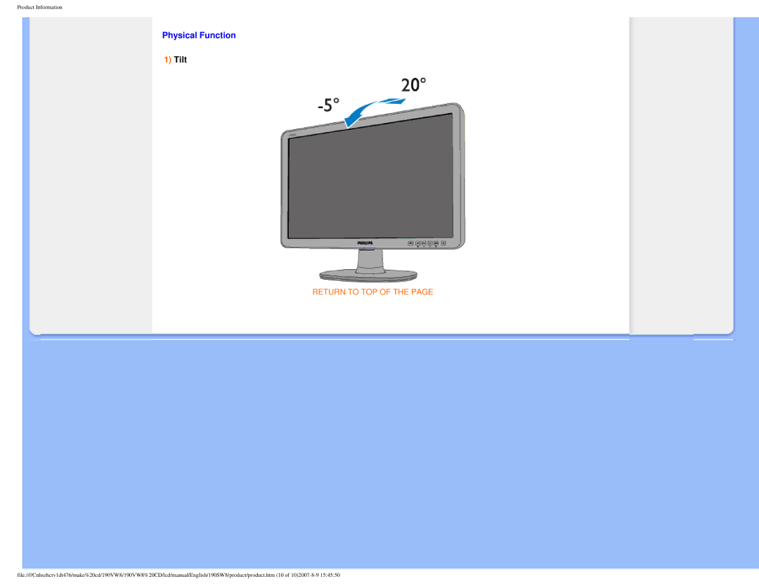 Philips 190VW8 user manual Physical Function, Tilt 