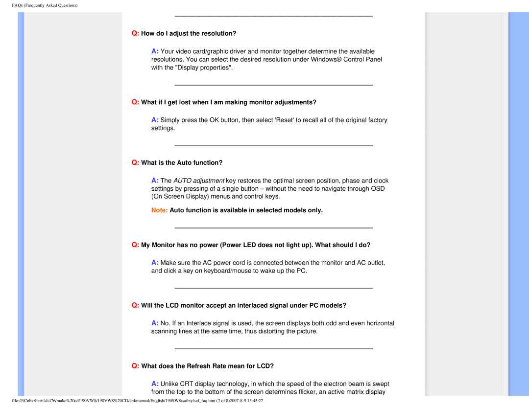 Philips 190VW8 user manual How do I adjust the resolution?, What if I get lost when I am making monitor adjustments? 