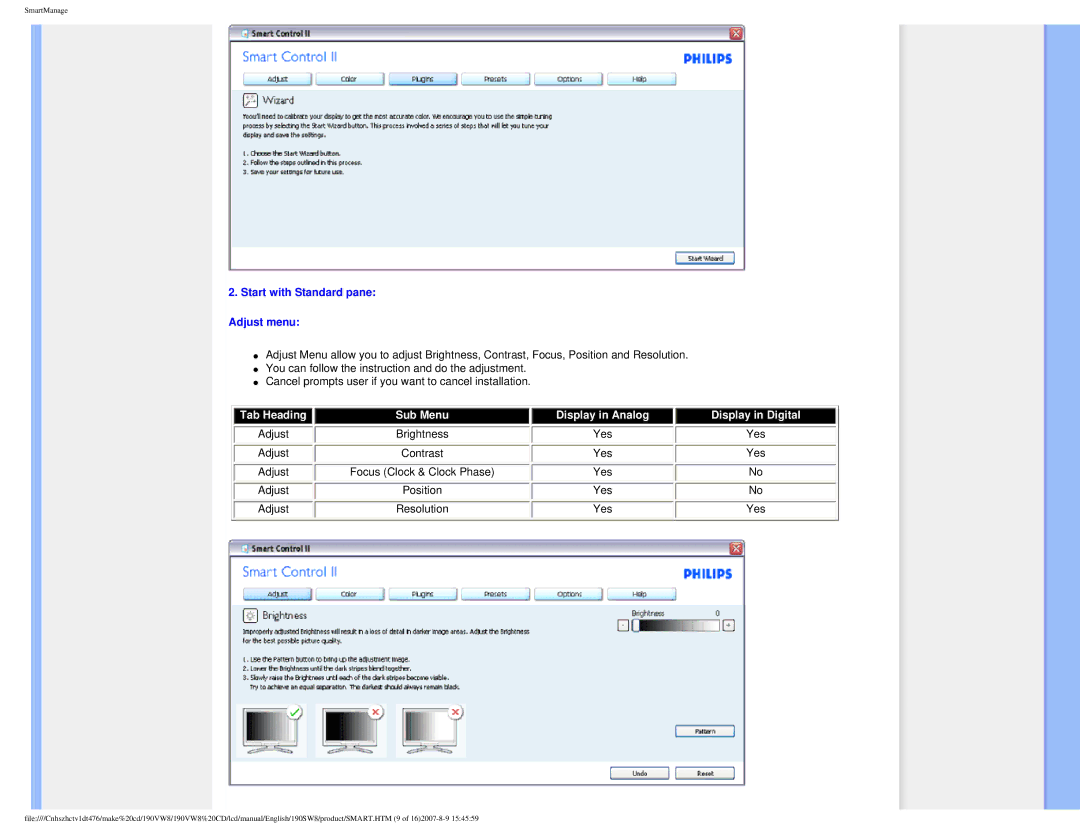 Philips 190VW8 user manual Start with Standard pane Adjust menu, Display in Digital 